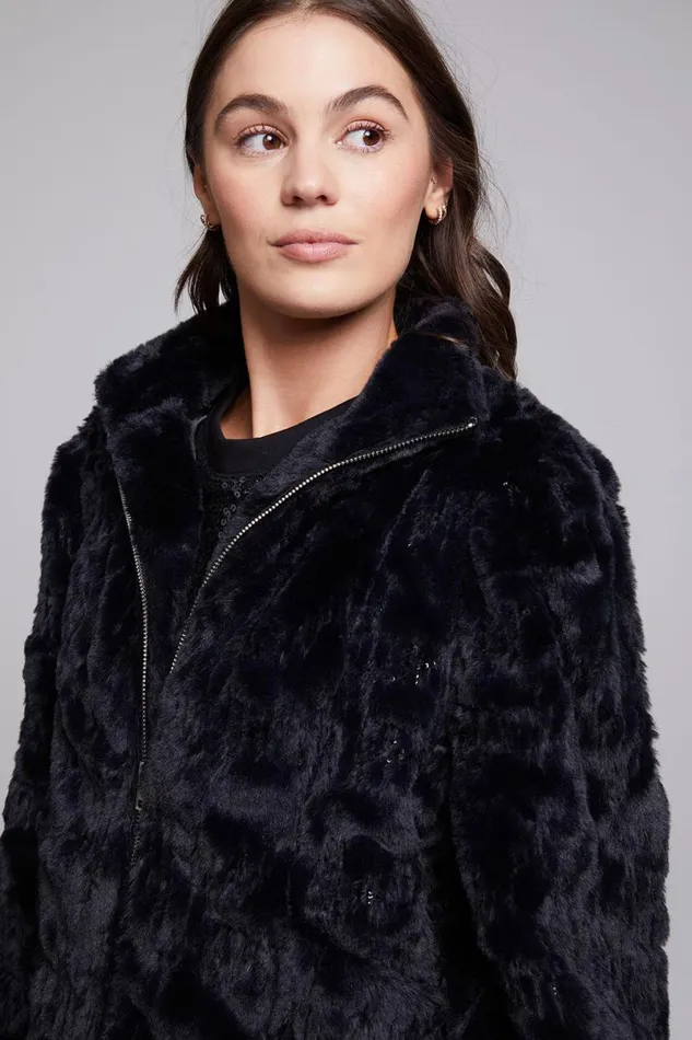 Womens Outerwear Chaser Brand Sequin Faux Fur Puff Sleeve Jacket
