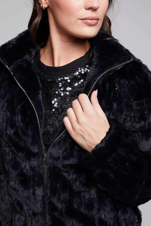 Womens Outerwear Chaser Brand Sequin Faux Fur Puff Sleeve Jacket