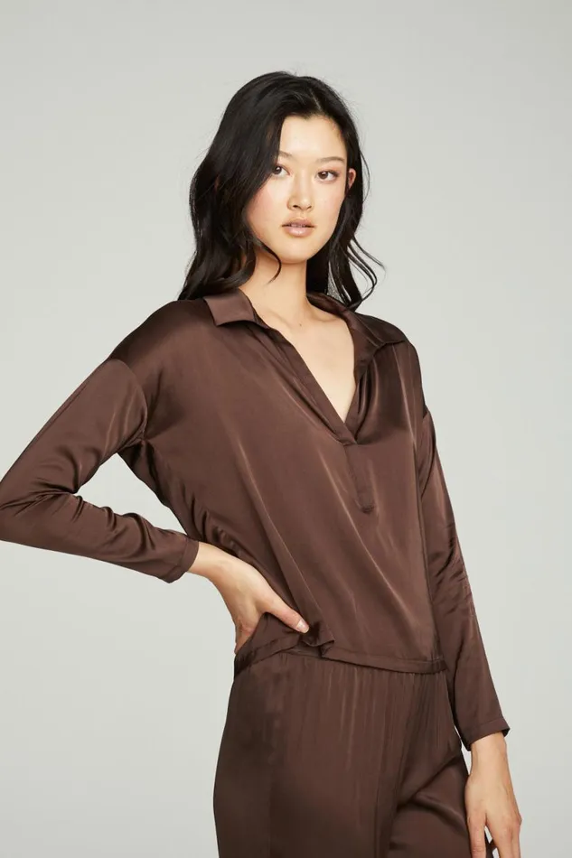 Womens Tops Chaser Brand Collared Half Placket Dolman