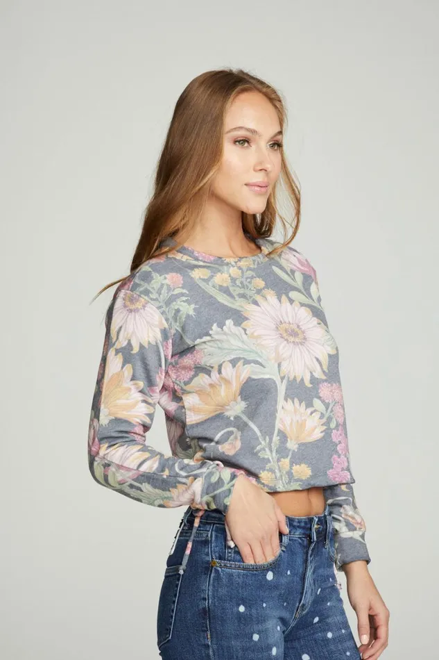 Womens Tops Chaser Brand Drawstring Shirred Long Sleeve Cropped Pullover