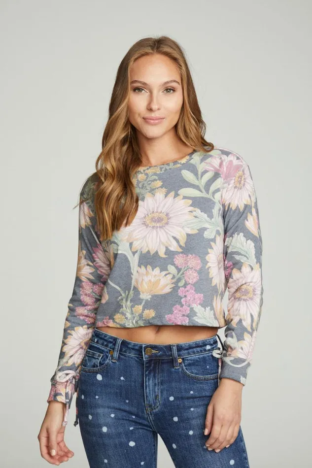 Womens Tops Chaser Brand Drawstring Shirred Long Sleeve Cropped Pullover