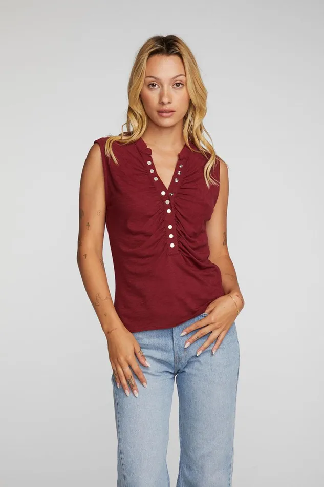Womens Tops Chaser Brand Gauze Jersey Snap Down Tank With Shirring