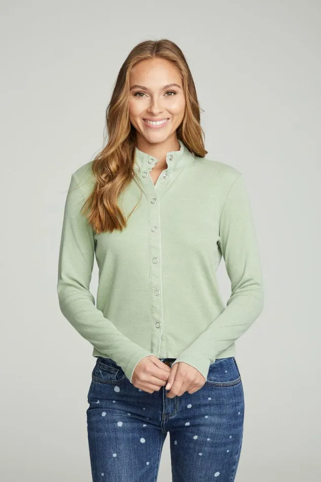 Womens Tops Chaser Brand Long Sleeve Snap Front Mock Neck Tee