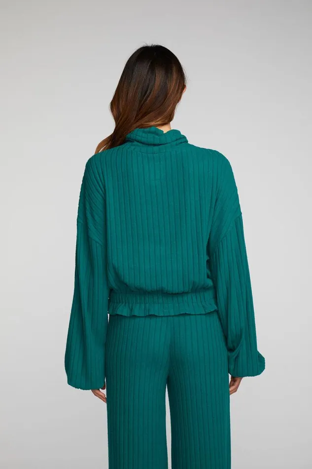Womens Tops Chaser Brand Poor Boy Rib Knit Cropped Pullover With Elastic Waist and Sleeve