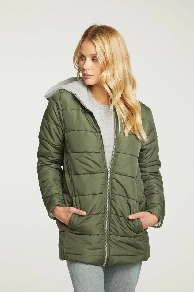 Womens Tops Chaser Brand Quilted Hooded Long Puffer Zip Up Jacket