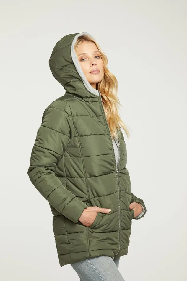 Womens Tops Chaser Brand Quilted Hooded Long Puffer Zip Up Jacket