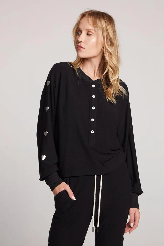 Womens Tops Chaser Brand Silver Foil Hearts Long Sleeve