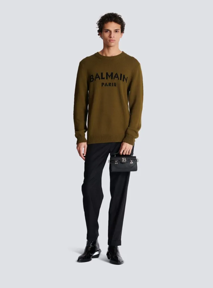 Wool Paris Jumper Khaki Men Balmain Knitwear