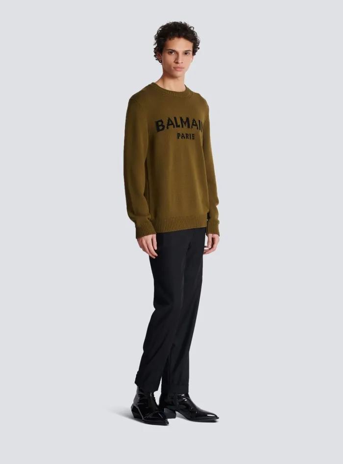Wool Paris Jumper Khaki Men Balmain Knitwear