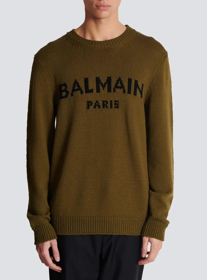 Wool Paris Jumper Khaki Men Balmain Knitwear