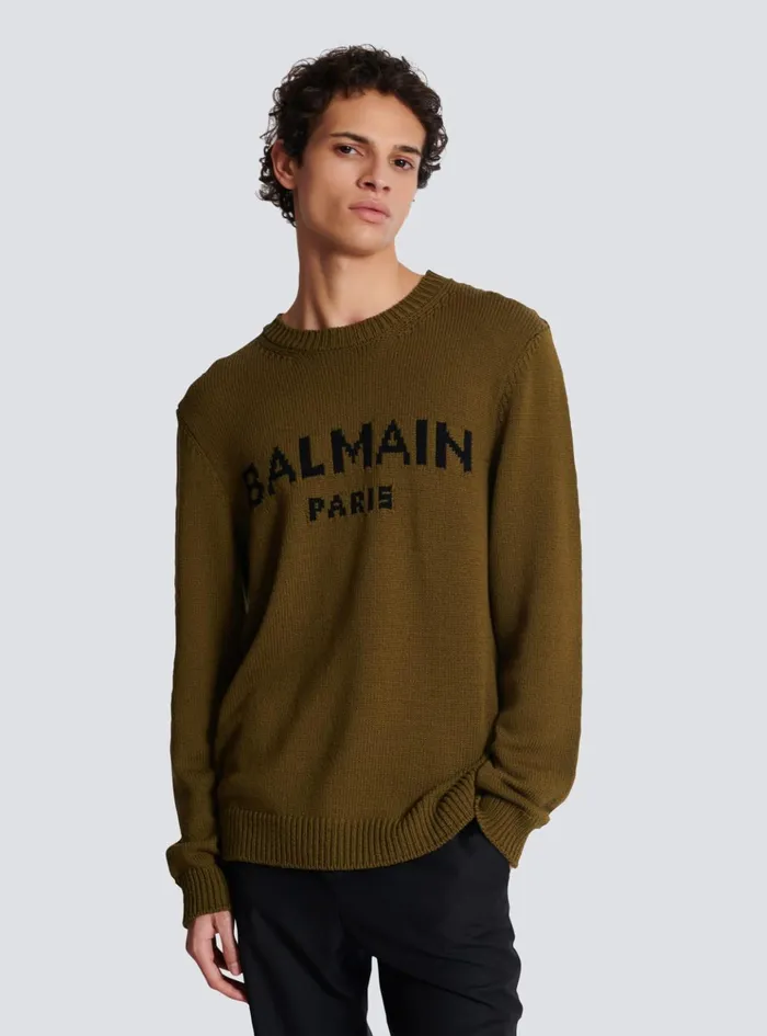 Wool Paris Jumper Khaki Men Balmain Knitwear
