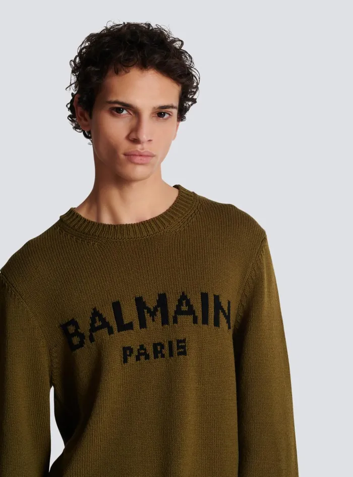 Wool Paris Jumper Khaki Men Balmain Knitwear