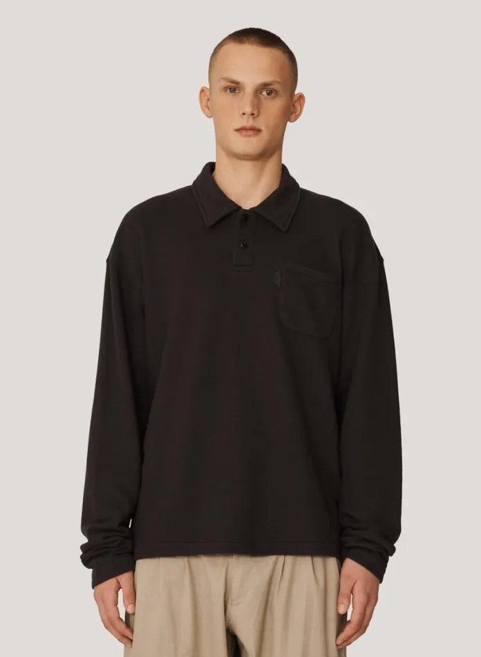 YMC Ivy Long Sleeve Polo Black Mens Sweatshirts
